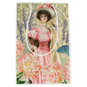 Pink Floral Victorian Woman Regency Medium Gift Bag
