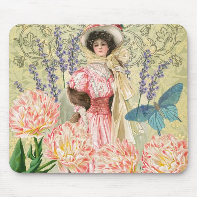 Pink Floral Victorian Woman Regency Mouse Mat (Front)
