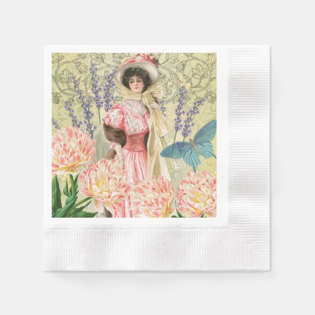 Pink Floral Victorian Woman Regency Napkin (Front)