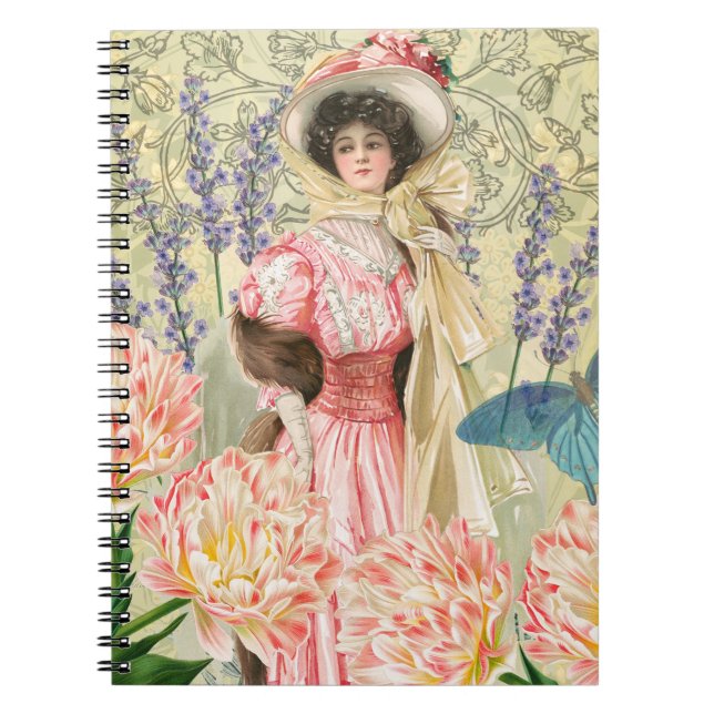 Pink Floral Victorian Woman Regency Notebook (Front)