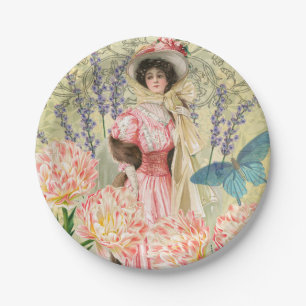 Pink Floral Victorian Woman Regency Paper Plate