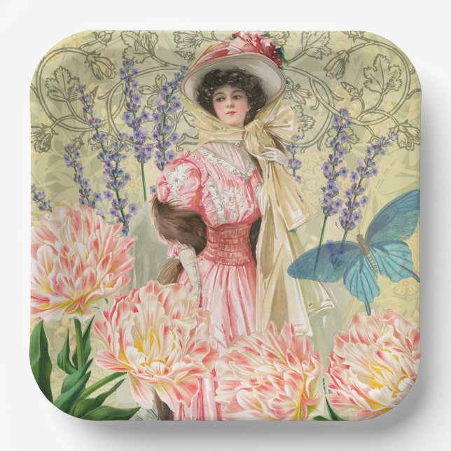 Pink Floral Victorian Woman Regency Paper Plate (Front)
