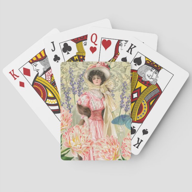 Pink Floral Victorian Woman Regency Playing Cards (Back)