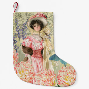 Pink Floral Victorian Woman Regency Small Christmas Stocking