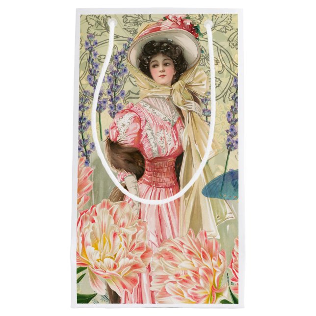 Pink Floral Victorian Woman Regency Small Gift Bag (Front)