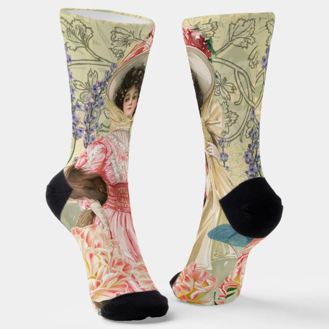 Pink Floral Victorian Woman Regency Socks (Angled)