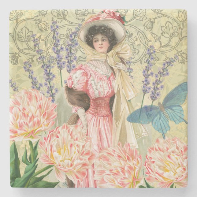 Pink Floral Victorian Woman Regency Stone Coaster (Front)