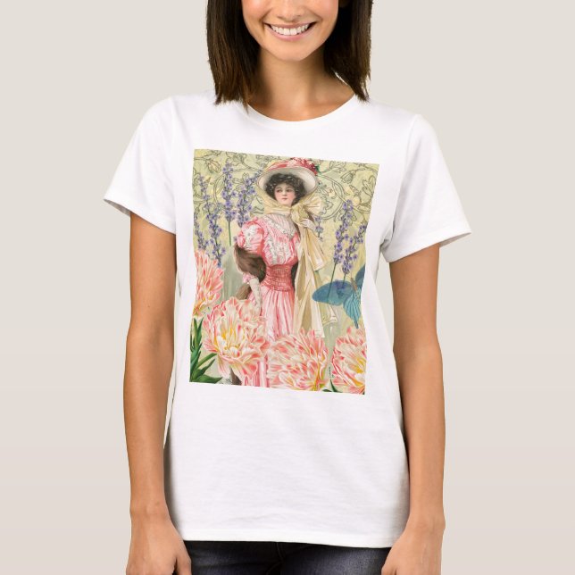 Pink Floral Victorian Woman Regency T-Shirt (Front)