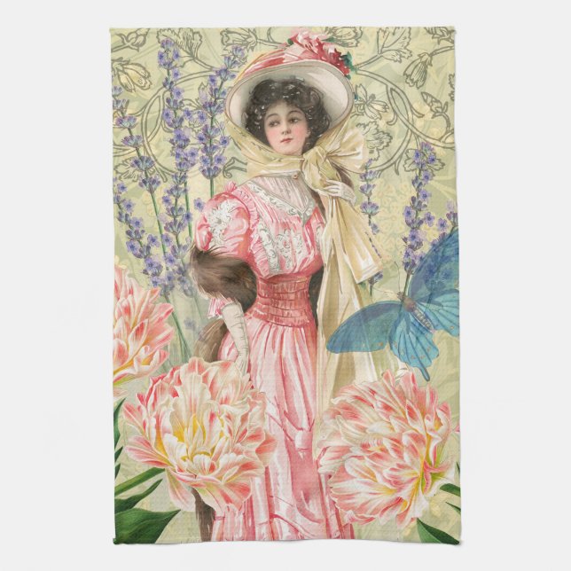 Pink Floral Victorian Woman Regency Tea Towel (Vertical)