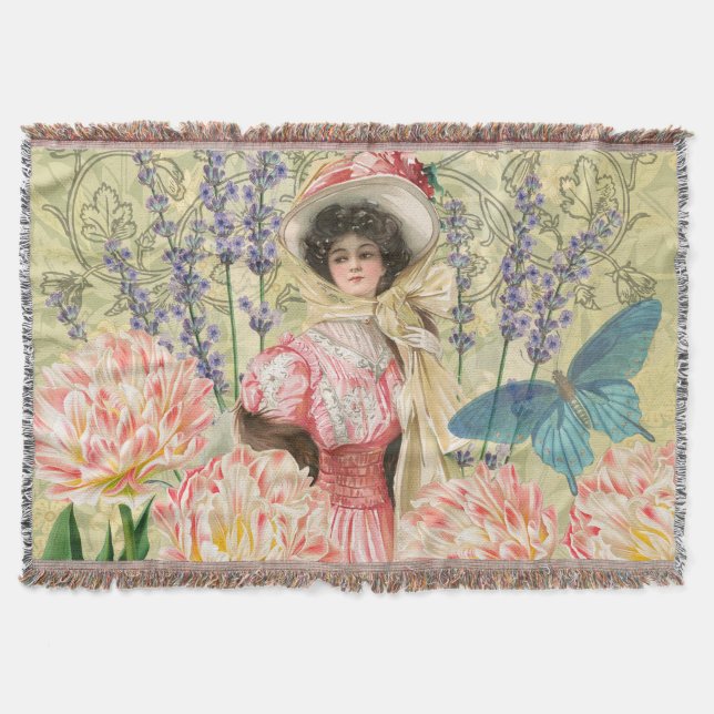 Pink Floral Victorian Woman Regency Throw Blanket (Front)