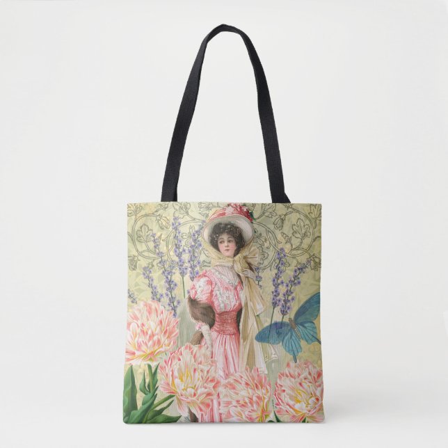 Pink Floral Victorian Woman Regency Tote Bag (Front)