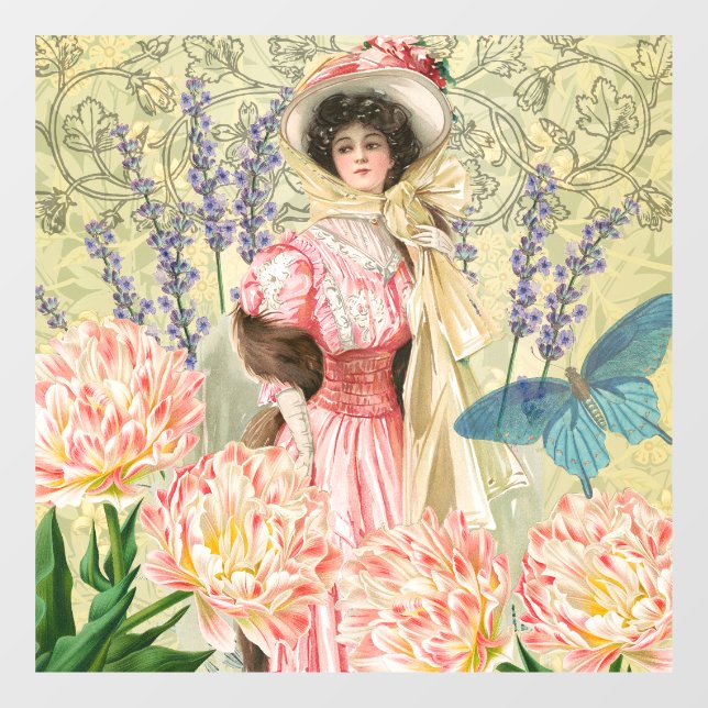 Pink Floral Victorian Woman Regency Window Cling (Sheet)