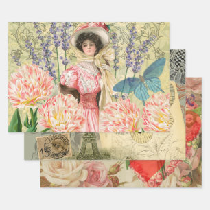 Pink Floral Victorian Woman Regency Wrapping Paper Sheet