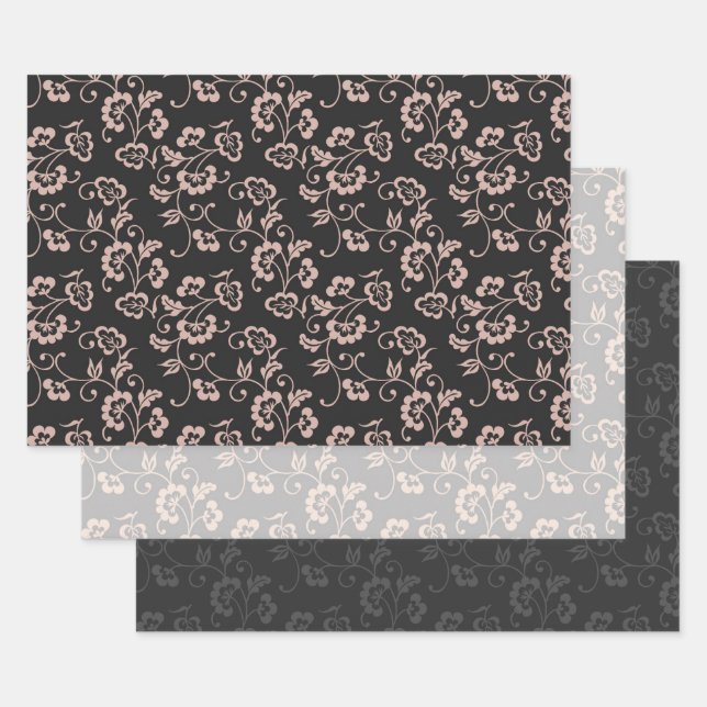 Pink Floral Vine Pattern on Brown, Gray & White Wrapping Paper Sheet (Set)