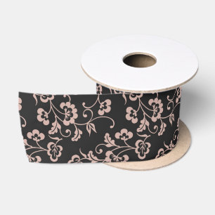 Pink Floral Vine Pattern on Dark Grey Satin Ribbon