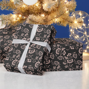 Pink Floral Vine Pattern on Dark Grey Wrapping Paper