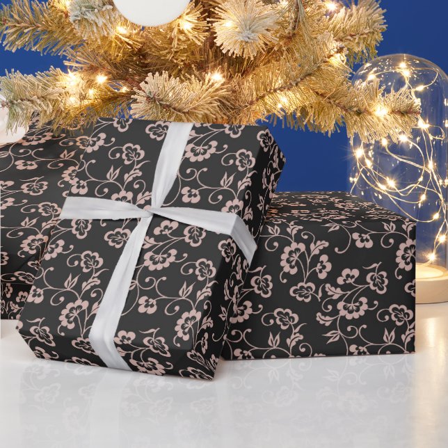 Pink Floral Vine Pattern on Dark Grey Wrapping Paper (Holidays)