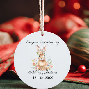 Pink floral vintage bunny Personalised christening Ceramic Tree Decoration