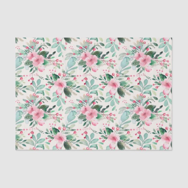 Pink Floral Vintage Christmas Tissue Paper (Front)