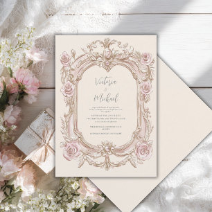 Pink Floral Vintage Frame Elegant Wedding Invitation