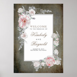 Pink Floral Vintage Frame Wedding Welcome Sign