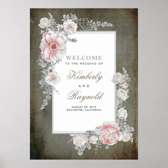 Pink Floral Vintage Frame Wedding Welcome Sign (Front)