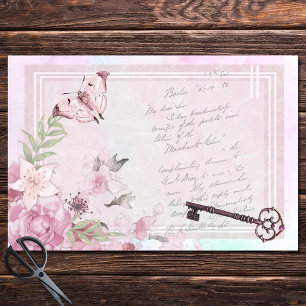 Pink Floral Vintage Handwriting Ephemera Decoupage Tissue Paper