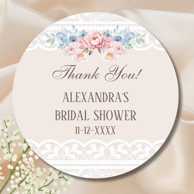 Pink Floral Vintage Lace Bridal Shower Thank You Classic Round Sticker (Creator Uploaded)