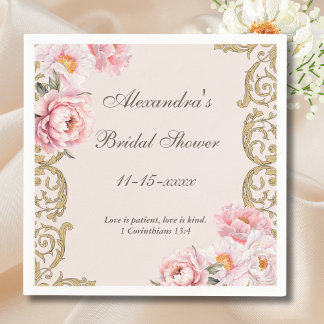 Pink Floral Vintage Peony Christian Bridal Shower Napkin