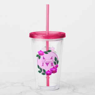 Pink floral vintage personalised name initial acrylic tumbler