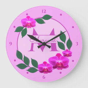 Pink floral vintage personalised name initial large clock