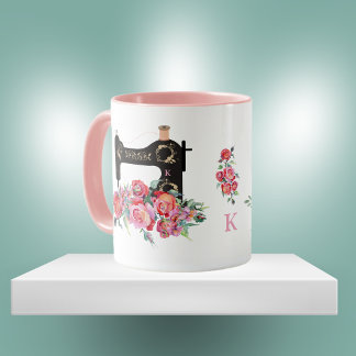 Pink Floral Vintage Sewing Machine Monogram Mug