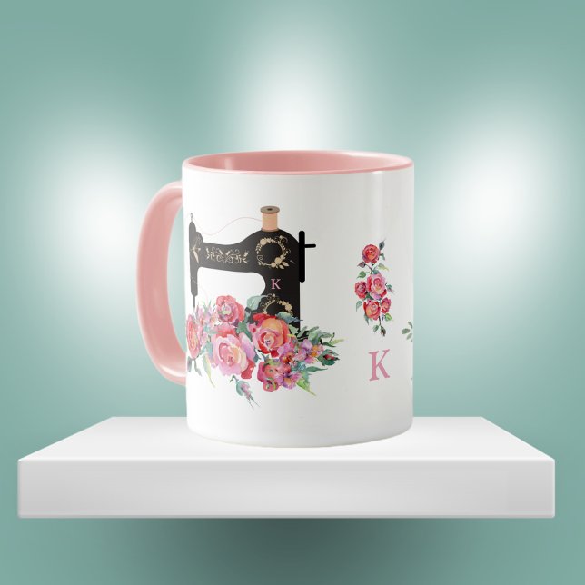 Pink Floral Vintage Sewing Machine Monogram  Mug (Creator Uploaded)