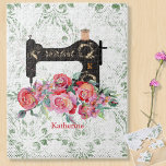Pink Floral Vintage Sewing Machine Personalised Ji Jigsaw Puzzle<br><div class="desc">Pass some pleasant time with this pretty sewing themed puzzle printed with a black vintage style sewing machine on a faded damask and dotted background. Accented with your chosen monogram and name and a lavish bouquet of pink ranunculus flowers. Just edit the name and monogram. Your choice of numerous print...</div>