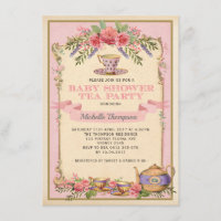 Pink Floral Vintage Tea Party Invite Shabby Chic