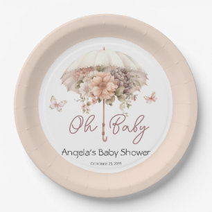Pink Floral Vintage Umbrella Baby Shower Paper Plate