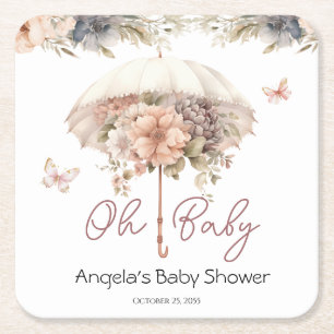 Pink Floral Vintage Umbrella Baby Shower Square Paper Coaster