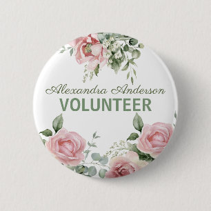 Pink Floral Volunteer  6 Cm Round Badge