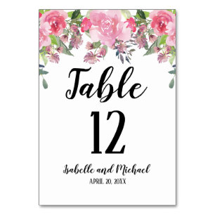 Pink Floral Water Colour Wedding Table Number Card