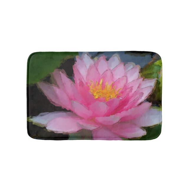 Pink Floral Water Lily Lotus Flower Bath Mat (Front)