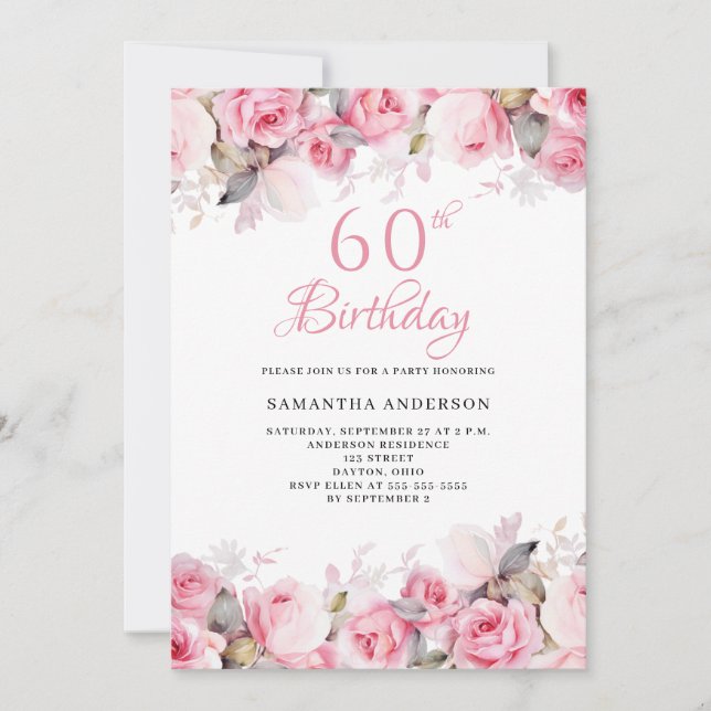 Pink Floral Watercolor 60th Birthday Invitation (Front)