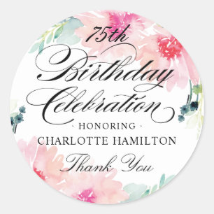 Pink Floral Watercolor 75th Birthday Celebration Classic Round Sticker