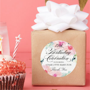 Pink Floral Watercolor 75th Birthday Celebration Classic Round Sticker