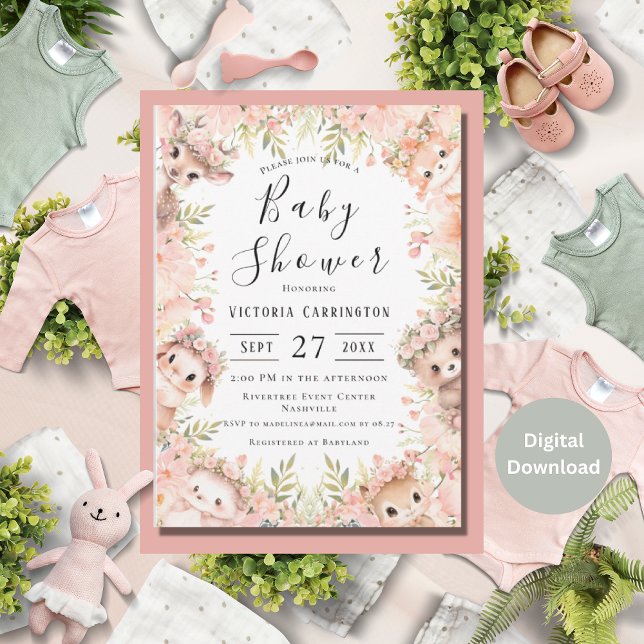 Pink Floral Watercolor Animals Baby Shower Invitation (Creator Uploaded)