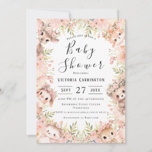Pink Floral Watercolor Animals Baby Shower Invitation