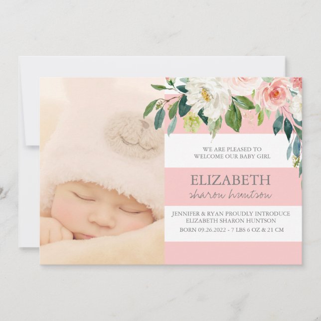 Pink Floral Watercolor Baby Girl Photo Birth Announcement (Front)