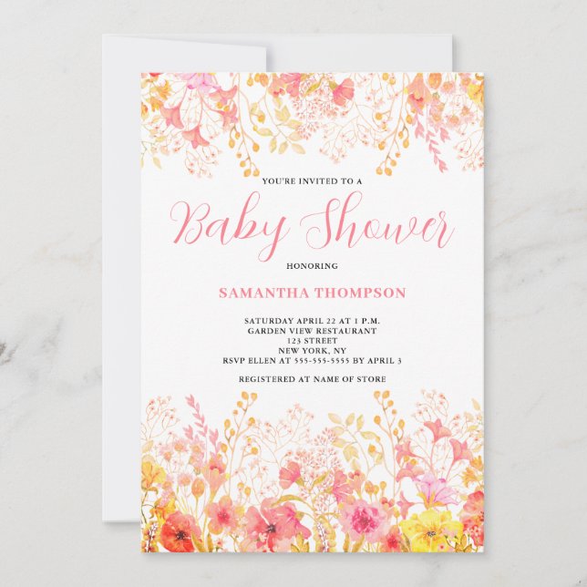 Pink Floral Watercolor Baby Shower Invitation (Front)