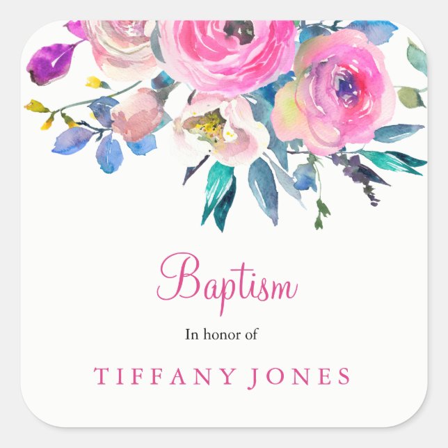 Pink Floral Watercolor Baptism Christening Sticker (Front)