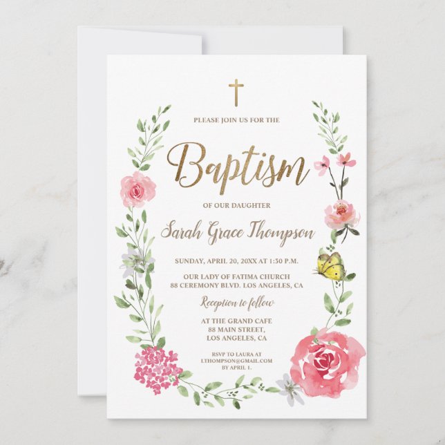 Pink Floral Watercolor Baptism Gold Cross Script  Invitation (Front)