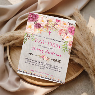 Pink Floral Watercolor Baptism Invitation